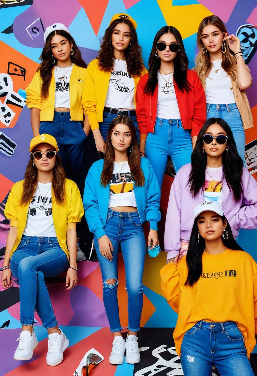 A vibrant collage showcasing trendy teen fashion styles, including colorful streetwear and sleek accessories. Incorporate elements of pop culture like music, social media icons, and popular gadgets. Blend lifestyle scenarios like friends hanging out and attending events together, all set against a dynamic urban backdrop. The overall tone should be youthful and energetic with a contemporary feel. super-realistic. vibrant colors. urban landscape.