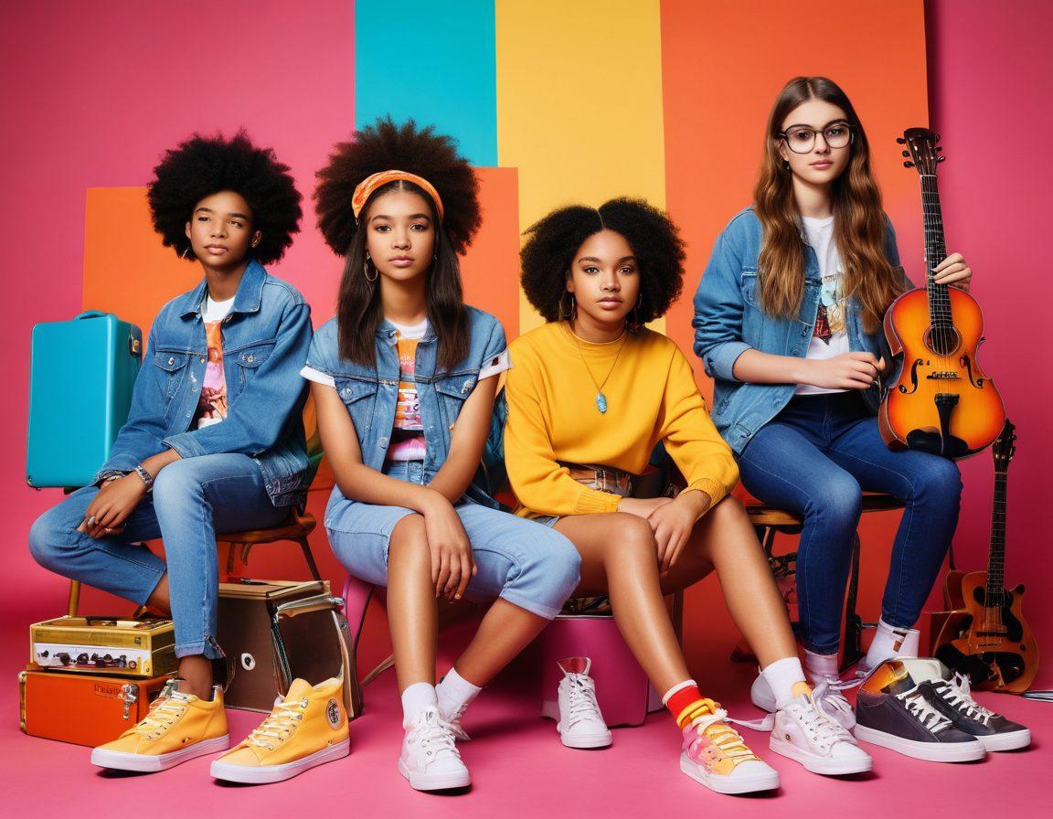 A vibrant collage showcasing diverse teens confidently expressing their unique fashion styles, surrounded by trendy accessories, stylish footwear, and lifestyle elements like music, art, and technology. The background features colors that resonate with youth culture, inspiring confidence and individuality. super-realistic. vibrant colors. dynamic layout.