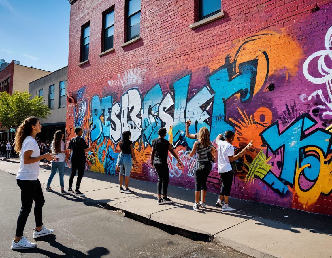 A dynamic urban scene showcasing diverse young people engaging in various cultural activities, such as street art, dance, and music, surrounded by colorful murals and city landmarks. Incorporate elements that symbolize youth culture like skateboards, music instruments, and fashion accessories. The atmosphere should feel lively and energetic, with a bright and vibrant color palette. Include a mix of different ethnicities to reflect inclusivity. super-realistic. vibrant colors. urban setting.